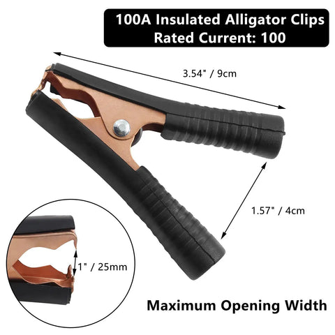 Beefy Insulated Alligator Clips Kit, 100 Amp, black rubber insulation, copper plated, measuring 3.54 x 1.57 inches.