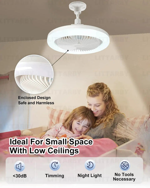 Screw In Ceiling Fan Light With Remote, Dimmable Led Bulb And Wireless Mini Breeze Maker, Hassle Free No Wiring Setup, Quick Cool Down Solid Pick For Bedroom Kitchen Closet Or Storage Room White, Enclosed design shown.