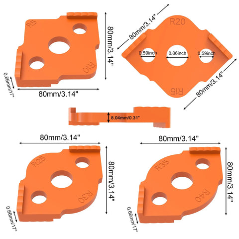 Top Shelf Eight Piece Router Template Kit For Smooth Radius Rounding And Flawless Corner Profiles showing five orange ABS routing templates.