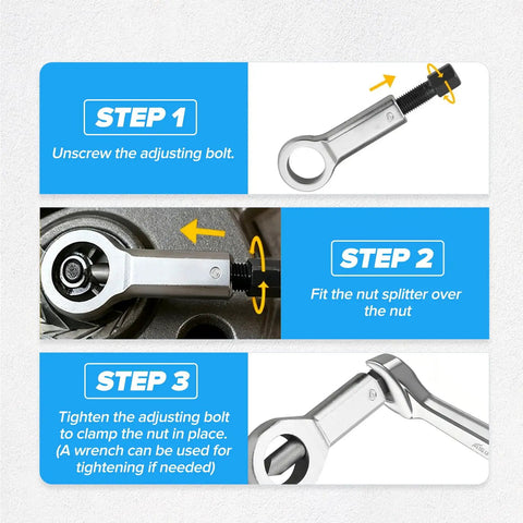Instruction steps for using Beefy Four Piece Nut Splitter Tool Set For Heavy Duty Removal Of Broken Damaged Or Rusty Nuts Without Damaging Bolt Threads