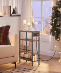 Slim Side Table With Charging Station And USB Ports For Small Spaces, narrow end table with storage shelf in rustic brown and black finish
