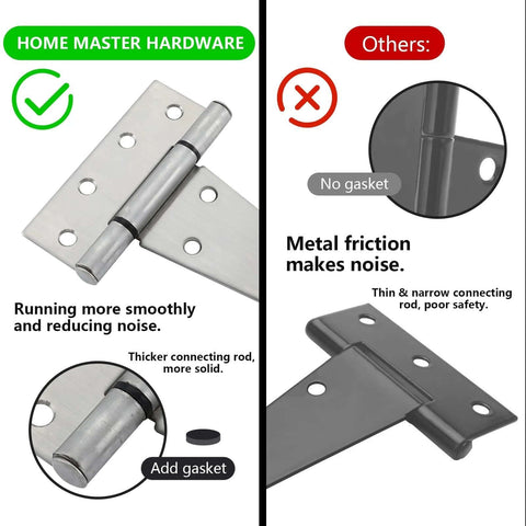 4-pack 6-inch stainless steel gate hinge for wooden fences; front view left shows screw holes, right shows hinge installed.