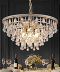 Gold Crystal Raindrop Chandelier Pendant Light For Dining And Living Rooms, sparkling crystal drops, elegant brass gold frame.