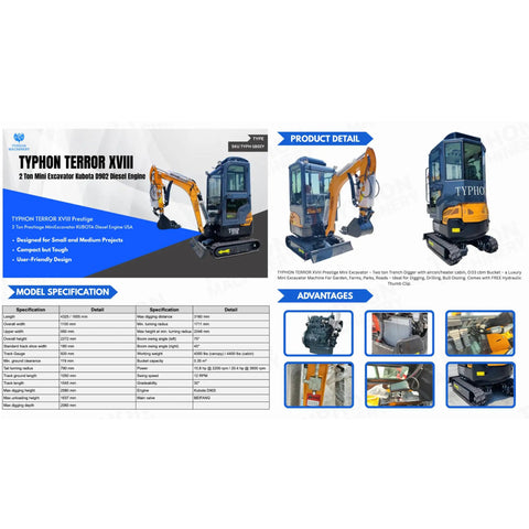Image of 2 Ton Prestige Mini Excavator With Heated Cabin And Air Conditioning 16HP Diesel Engine EPA Certified details and specs