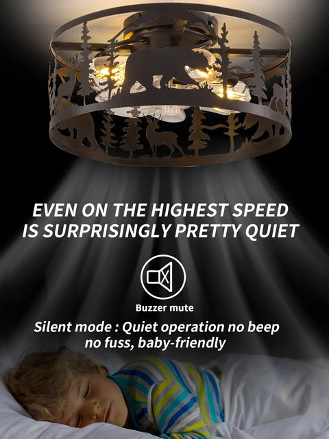 Straight Up Farmhouse Ceiling Fan With Integrated Lights And Remote Control Rustic Black Caged Fandelier featuring bear and deer design.