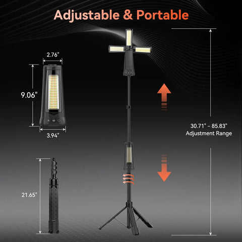 Rechargeable Camping Light With Stand Cordless Work Light With Three Led Heads And 5500 Lumens Dimmable Brightness 15000mAh Battery