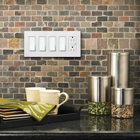 Screwless 5-Gang White Light Switch Cover Plate With Decorative Rocker Style And Outlet Cover, Gloss Finish in kitchen scene