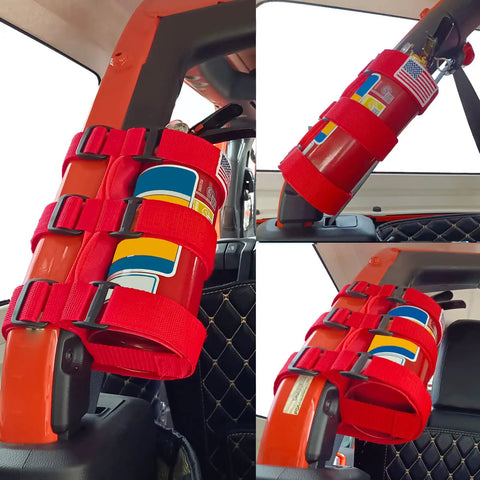 Jeep Roll Bar Fire Extinguisher Mount Holder With Heavy Duty Adjustable Nylon Straps Fits Wrangler CJ YJ TJ LJ JK JKU JL JLU All Years Red With USA Flag Pattern Easy Install And Secure Hold
