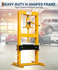 Heavy Duty 6 Ton Hydraulic Shop Press With Sturdy H Frame Design, yellow frame in garage setting for metalworking and pressing tasks.