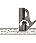 Two Piece Combination Square Set With Four Inch Blade And Reversible Protractor Head, black iron square with inch graduations.