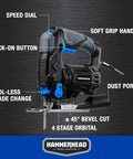Hammerhead jig saw, 4.8A, 2 wood blades, variable speed, orbital, blue/black with dust port