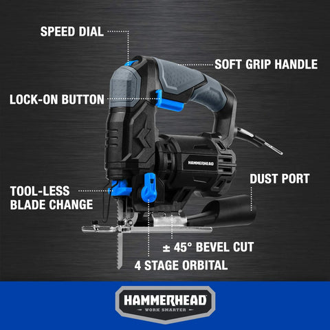 Hammerhead jig saw, 4.8A, 2 wood blades, variable speed, orbital, blue/black with dust port