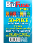 Straight Up Heavy Duty Mini Blade Fuse Kit With Puller 50 Piece Automotive Electrical Repair Assortment color coded fuses on packaging.