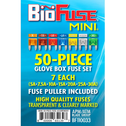 Straight Up Heavy Duty Mini Blade Fuse Kit With Puller 50 Piece Automotive Electrical Repair Assortment color coded fuses on packaging.