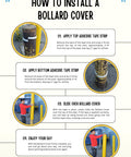 Installation guide for Hella Tough Black Bollard Cover For Six Inch Steel Pipe; step-by-step process with adhesive tape tips.