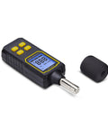 Pro Grade Handheld Digital Sound Meter With Large LCD Display For Noise And Decibel Readings In Offices And Server Rooms High Sensitivity Microphone Accurate 30 To 130 dBA Range IP54 Rated Requires 3 AAA Batteries, black handheld unit with foam windscreen