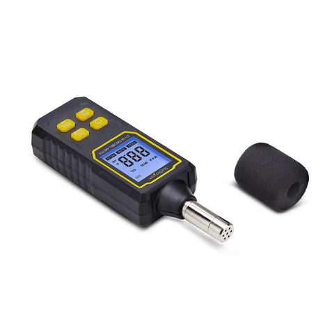 Pro Grade Handheld Digital Sound Meter With Large LCD Display For Noise And Decibel Readings In Offices And Server Rooms High Sensitivity Microphone Accurate 30 To 130 dBA Range IP54 Rated Requires 3 AAA Batteries, black handheld unit with foam windscreen