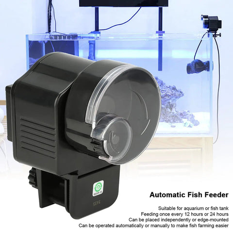 Slick Install Automatic Fish Feeder For Aquarium Battery Operated With Adjustable Portion Control And Vacation Timer on wall clip