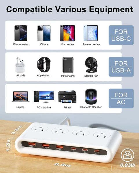 Image of Smooth Ace Power Strip With Five Foot Flat Extension Cord featuring eight versatile ports for multiple devices.