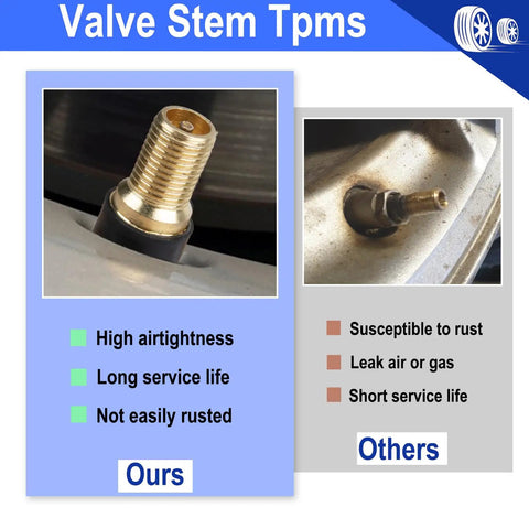 Image comparing TPMS valve stem types, highlighting advantages of the 5 Pack TPMS Tire Pressure Valve Stem Replacement Kit For Your Daily Driver.