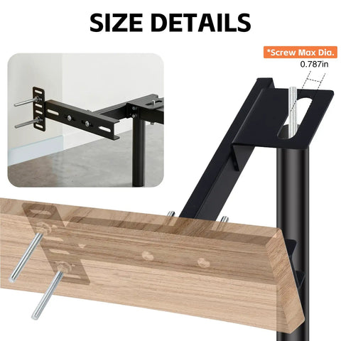 Heavy Duty Adjustable Headboard Brackets for Bed Frame in black metal showing size details and installation on base.