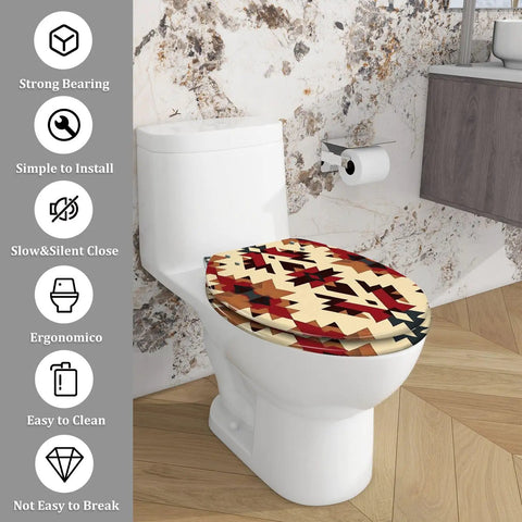 Elongated Resin Toilet Seat for Bathroom with colorful tribal pattern, fits standard toilets, easy to clean and install.