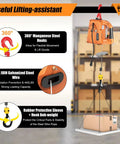 Heavy Duty 440 Lbs Portable Electric Hoist Winch With 110V Wireless Remote Control and Manual Lever Operation showing 360° hooks and steel wire.