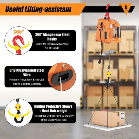 Heavy Duty 440 Lbs Portable Electric Hoist Winch With 110V Wireless Remote Control and Manual Lever Operation showing 360° hooks and steel wire.