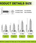 620 Piece M3 Wood Screws Set in 304 Stainless Steel Phillips Flat Head Short Screws Four Sizes Six Eight Ten Twelve Millimeter Salt Spray 1000 Hours For Cabinets Bathrooms Fixtures And Toy Models product size details with dimensions