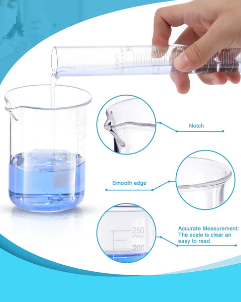 Pouring liquid from graduated cylinder into beaker showing features of 18 Piece All In One Hands On Lab Glassware Set For Experiments