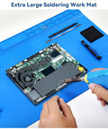Monster Sized Extra Large Soldering Mat For Electronics Repair 27.6 By 15.7 Inches, hands soldering laptop on blue mat