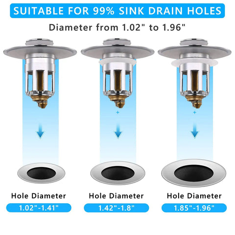 Full Brass Universal Pop Up Sink Stopper Set Pack Of 2 With Detachable Filter Basket Hair Catcher Chrome Finish shown in three sizes