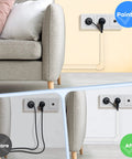 126 Inch Cord Hider Kit For TV Wall Mounts And Home Offices installed behind sofa, painted white, showing before and after use.