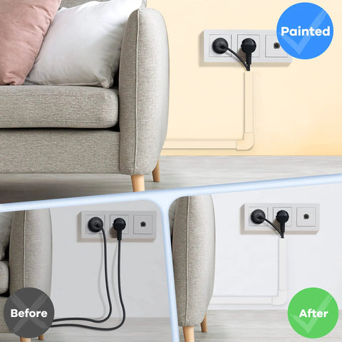 126 Inch Cord Hider Kit For TV Wall Mounts And Home Offices installed behind sofa, painted white, showing before and after use.