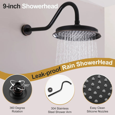9-inch showerhead from RomceBath Antique Oil Rubbed Bronze Rain Shower Head Faucet System, featuring leak-proof design and 360-degree rotation.