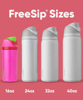 Image showing FreeSip sizes with 16 oz Kid Sized Insulated Stainless Steel Water Bottle With FreeSip Spout, BPA Free, and larger variants.