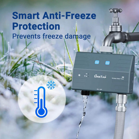 Smart Anti-Freeze Protection for Two Zone Dope Smart Hose Timer And Gateway For Weather Based Irrigation, Remote Control Via Mobile Or Web App, Automatic Water Savings With Fault Alerts, Leak Proof System, Anti Freeze Protection, Long Battery Life, And Mesh Network With Extender