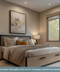 Cozy bedroom with a game changing smart dimmer switch crafted for single pole circuits featuring effortless wifi linkup.