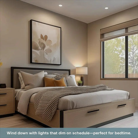 Cozy bedroom with a game changing smart dimmer switch crafted for single pole circuits featuring effortless wifi linkup.