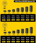 Hella Sturdy Nylon Spacers Assorted M3 M4 Screw Standoffs 330 Piece Set displaying different sizes of black nylon spacers.