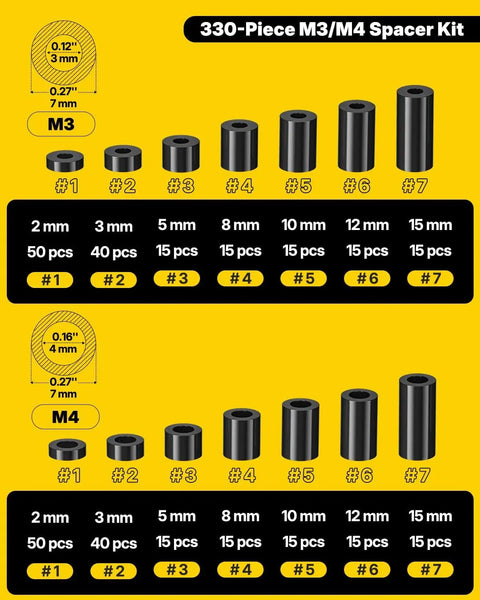 Hella Sturdy Nylon Spacers Assorted M3 M4 Screw Standoffs 330 Piece Set displaying different sizes of black nylon spacers.