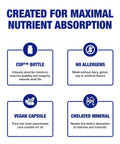 Mega Strong Magnesium Complex 400 Mg Chelated With Glycinate Malate And Citrate For Real Muscle Nerve Bone And Digestive Health Support One Month Supply bottle infographic with no allergens and vegan capsule