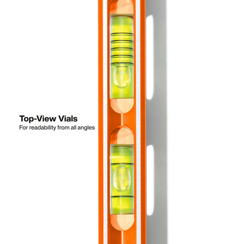 Top view of 8 Inch Pitch Vial Torpedo Level With Magnetic Track Pro Grade Readouts 0 45 90 And Pitch In 1/8 Inch Increments