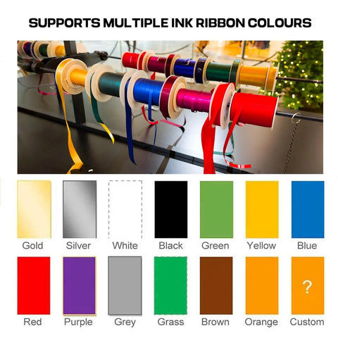 Personalized Digital Ribbon Printer For Crafters Print Custom Fabric Labels With Ease supports various ink ribbon colors displayed.