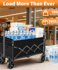 Foldable Collapsible Wagon Cart With 360 Degree All Terrain Wheels filled with groceries in front of a store