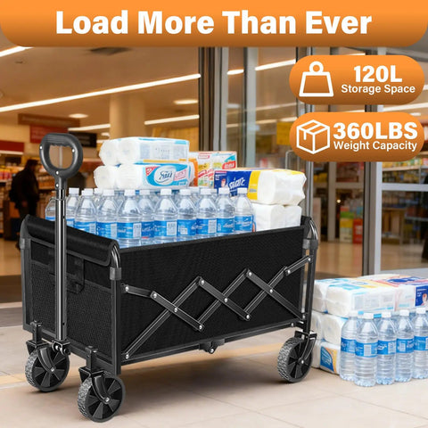 Foldable Collapsible Wagon Cart With 360 Degree All Terrain Wheels filled with groceries in front of a store