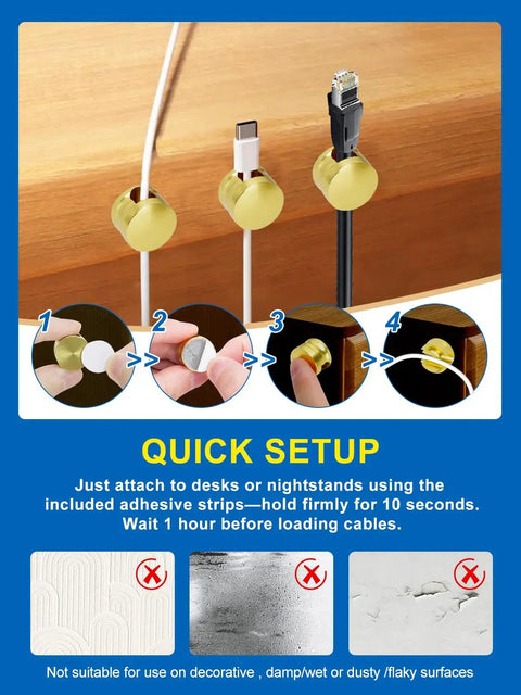 Three Pack Upgraded Cord Management Clips With Extra Large Adhesive Base For Desk And Nightstand No Slip Grip For Chargers USB Wires Aluminum Gold Cable Clips For Charger Holder, installed on desk with various cables.