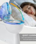 Toilet Seat Cover Elongated Quiet Close for Bathroom with blue marble design, featuring slow-closing mechanism on white toilet.