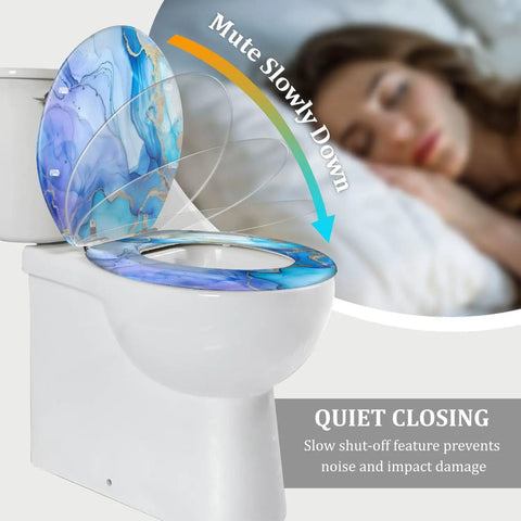 Toilet Seat Cover Elongated Quiet Close for Bathroom with blue marble design, featuring slow-closing mechanism on white toilet.