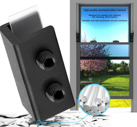 Lock Up Your Spot Tight With These Heavy Duty Black Window Locks 4 Pack Adjustable Sliding Door Security Stops With Keys close-up of black aluminum locking mechanism for sliding windows.